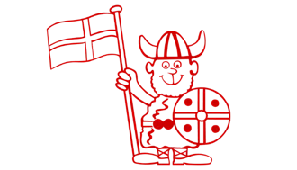 En smilende Die "hyggelige" Dänen-viking med et dannebrogsflag i hånden
